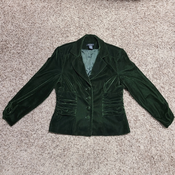 Susan Lewis Velvet Blazer Jacket Green Button front Shoulder pads Petite Large - Picture 1 of 11